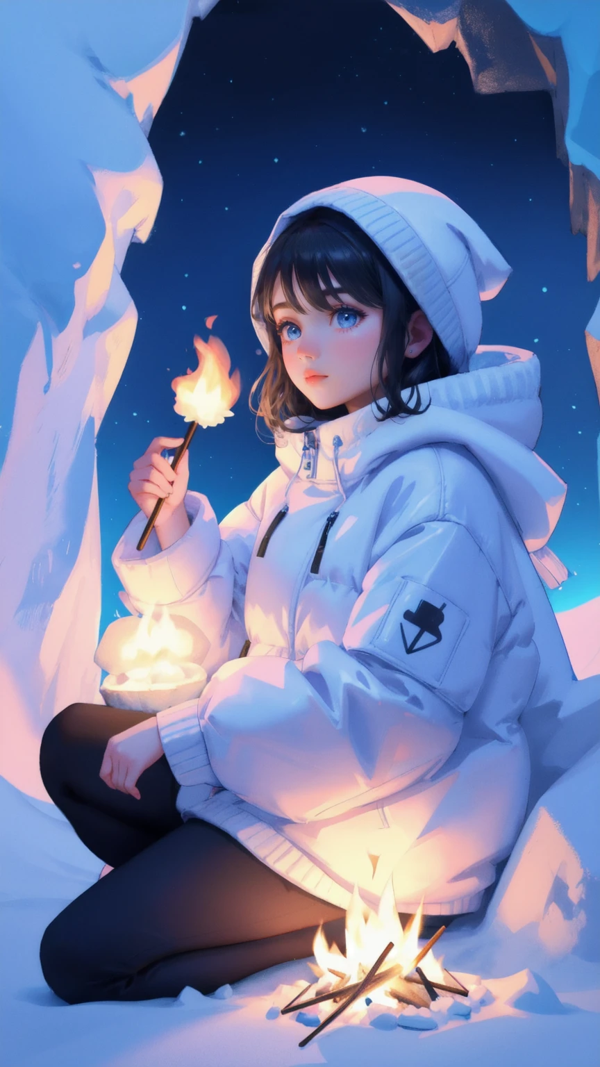 Beautiful, cute girl in a stylish winter outfit, roasting marshmallows over a campfire in a mystical ice cave. The cave walls glisten with blue light, and the girl holds a marshmallow skewer with Bitcoin-shaped marshmallows. Keywords: Crypto Winter Survival Kit, blue background