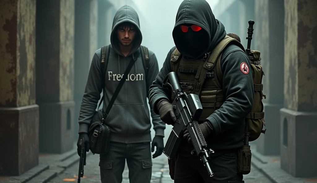 tall F.E.A.R. operative wearing black tactical balaclava and red googles holding assault rifle and standing with a guy holding a pistol and wearing a hood with black shaggy hair, and brown eyes. His attire typically consists of a grey hoodie that features the word “freedom” written on the back, along with black fingerless gloves, black jeans, and black shoes. He also carries a navy green satchel bag. The background is creepy