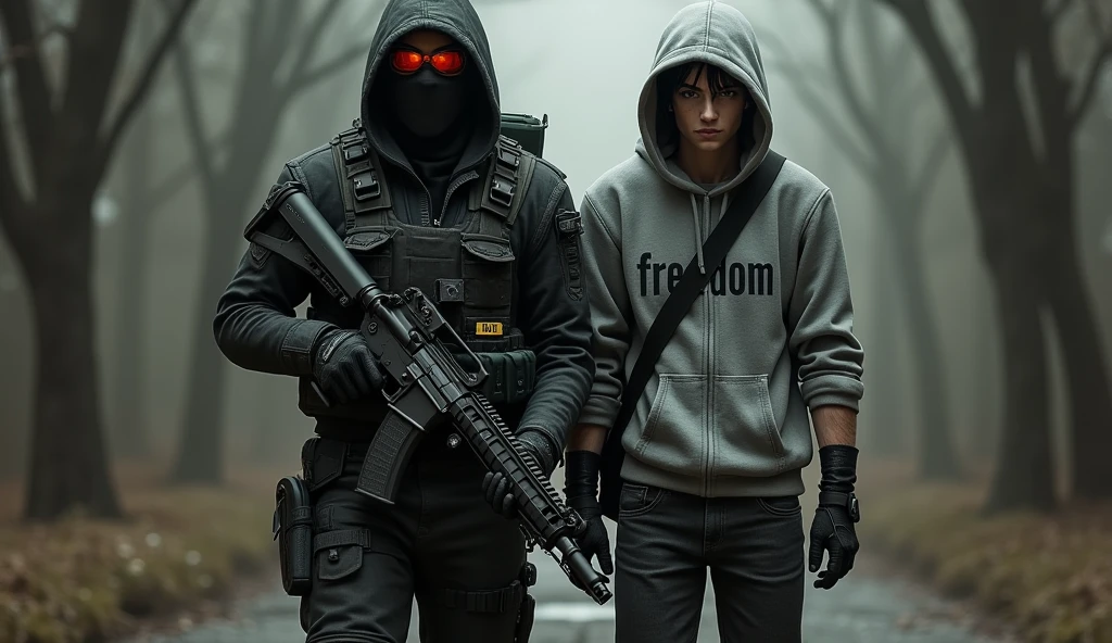 tall F.E.A.R. operative wearing black tactical balaclava and red googles holding assault rifle and standing with a guy holding a pistol and wearing a hood with black shaggy hair, and brown eyes. His attire typically consists of a grey hoodie that features the word “freedom” written on the back, along with black fingerless gloves, black jeans, and black shoes. He also carries a navy green satchel bag. The background is creepy