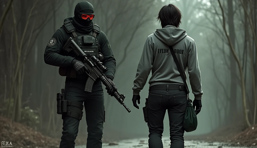 tall F.E.A.R. operative wearing black tactical balaclava and red googles holding assault rifle and standing with a guy holding a pistol and wearing a hood with black shaggy hair, and brown eyes. His attire typically consists of a grey hoodie that features the word “freedom” written on the back, along with black fingerless gloves, black jeans, and black shoes. He also carries a navy green satchel bag. The background is creepy