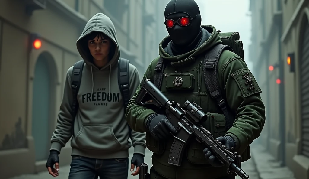 tall F.E.A.R. operative wearing black tactical balaclava and red googles holding assault rifle and standing with a guy holding a pistol and wearing a hood with black shaggy hair, and brown eyes. His attire typically consists of a grey hoodie that features the word “freedom” written on the back, along with black fingerless gloves, black jeans, and black shoes. He also carries a navy green satchel bag. The background is creepy