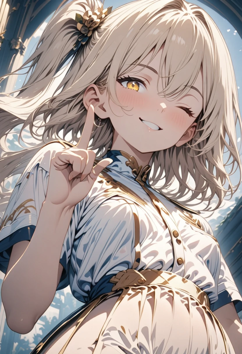 (masterpiece),(Highest quality),(Super detailed),2D Anime,One Woman:1,(:1),(Side Ponytail:1),(Golden Hair, White inner hair:1),(Yellow Eyes:1),Small breasts, Abdominal Peek:1, (From below:1),(Cowboy Shot), (View the viewer), (Peace finger), (Are standing), (Close one eye),