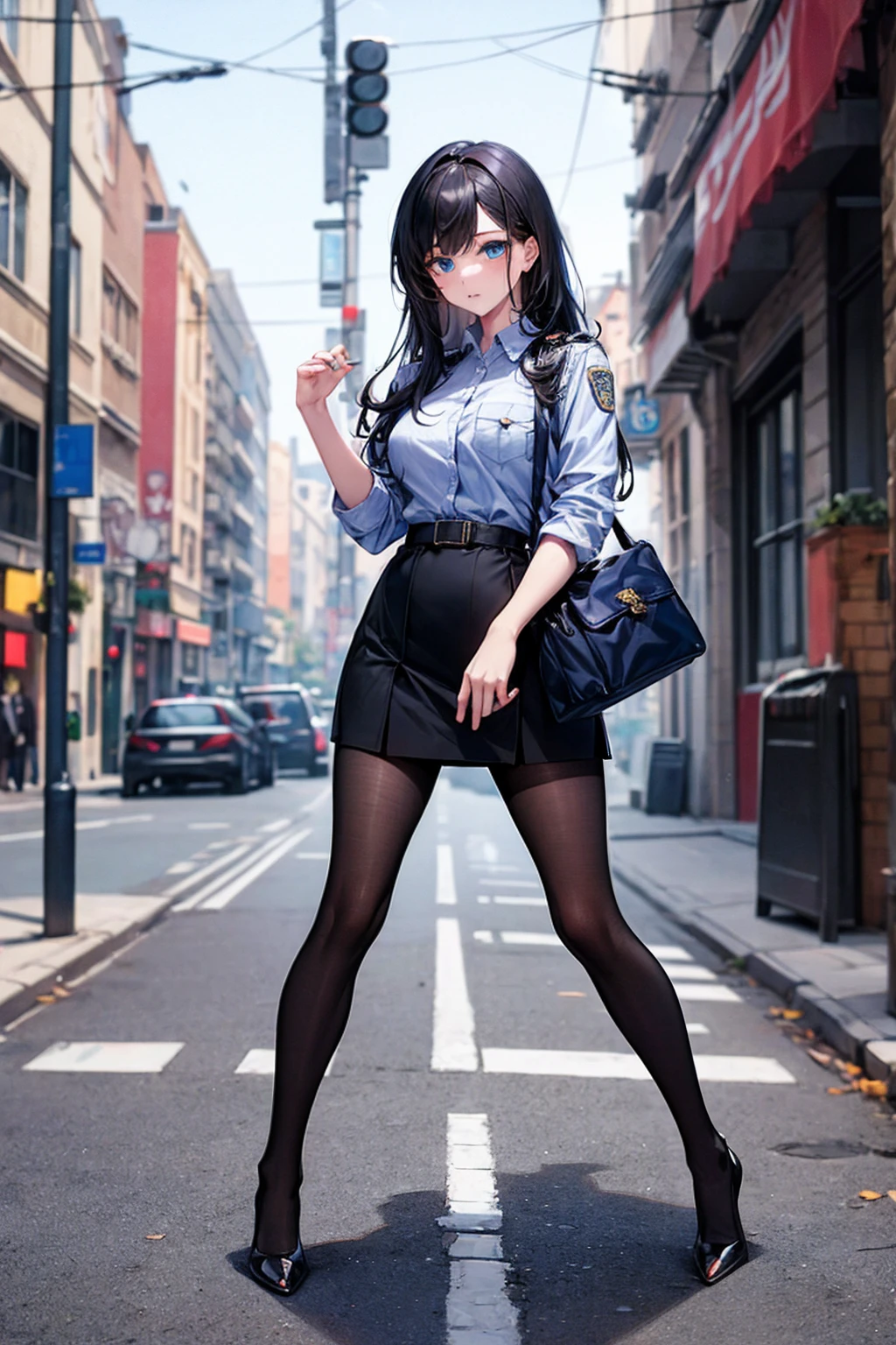 Ridiculous Resolutions, High resolution, (masterpiece:1.4), Very detailed, 1 person,blue eyes, Long black hair,Please wear a police uniform and a short skirt, White handbag、pantyhose、street,Sexy pose, The camera is close to the body