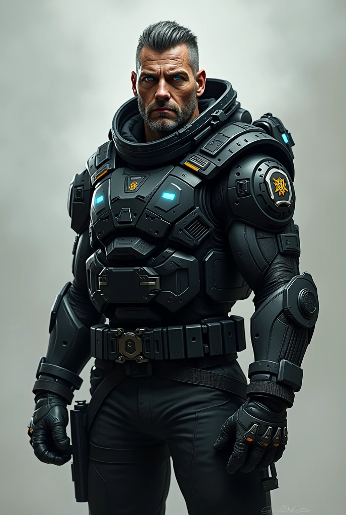 **Physical Description of Orion "Steelheart" Hayes**
- **Hair**: Short, shaved on the sides, dark gray or almost black, with a clean and functional cut
- **Face**: Rough, with visible scars and marked features, indicating years of combat and experience
- **Eyes**: Intense, steel blue or light gray color, often illuminated by technological flashes or a slight cybernetic glow
- **Skin**: Lightly tanned complexion, with integrated cybernetic implants that give a cold metallic appearance to certain areas
- **Height and build**: Large size, muscular and robust build, with a straight and imposing posture
- **Cybernetic implants**: Visible muscle strengthening, exoskeleton integrated under the skin, increased physical capabilities and resistance; metal components on the arms, legs and torso, visible under a light layer of synthetic skin
- **Clothing**: Dark tactical armor, in black or charcoal gray, with reinforced plates, incorporating advanced technology elements such as sensors and communications
- **Accessories**: Reinforced gloves, belt equipped with utility devices and ammunition, light helmet with retractable or integrated visor, often worn around the neck or attached to the side
- **Atmosphere**: Intimidating presence, with cybernetic design elements that accentuate his modern warrior appearance, and an aura of discipline and unyielding determination
- **Additional details**: Discreet LED lights integrated into the armor for better visibility in the dark, logos or symbols of the special forces division on the shoulders or torso
Cyberpunk