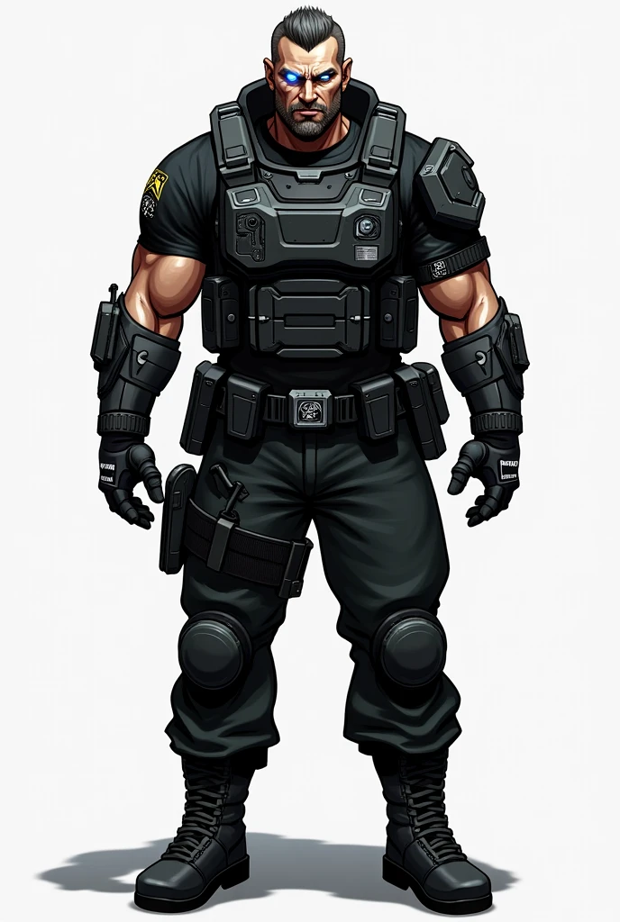 **Physical Description of Orion "Steelheart" Hayes**
- **Hair**: Short, shaved on the sides, dark gray or almost black, with a clean and functional cut
- **Face**: Rough, with visible scars and marked features, indicating years of combat and experience
- **Eyes**: Intense, steel blue or light gray color, often illuminated by technological flashes or a slight cybernetic glow
- **Skin**: Lightly tanned complexion, with integrated cybernetic implants that give a cold metallic appearance to certain areas
- **Height and build**: Large size, muscular and robust build, with a straight and imposing posture
- **Cybernetic implants**: Visible muscle strengthening, exoskeleton integrated under the skin, increased physical capabilities and resistance; metal components on the arms, legs and torso, visible under a light layer of synthetic skin
- **Clothing**: Dark tactical armor, in black or charcoal gray, with reinforced plates, incorporating advanced technology elements such as sensors and communications
- **Accessories**: Reinforced gloves, belt equipped with utility devices and ammunition, light helmet with retractable or integrated visor, often worn around the neck or attached to the side
- **Atmosphere**: Intimidating presence, with cybernetic design elements that accentuate his modern warrior appearance, and an aura of discipline and unyielding determination
- **Additional details**: Discreet LED lights integrated into the armor for better visibility in the dark, logos or symbols of the special forces division on the shoulders or torso
Cyberpunk