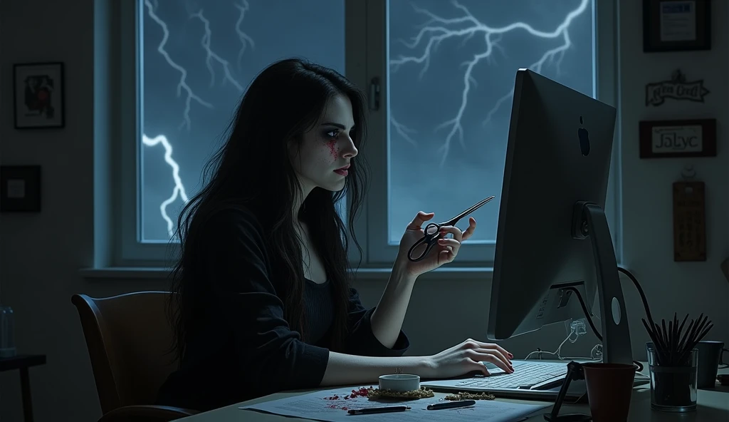 a beautiful female with long hair in black clothes was sitting in front of a computer reading stories on the internet, she was in a quiet and quiet small studio alone, there was a window behind her, and there were several pens and scissors around the computer table on a black and white background, In the atmosphere of darkness of night and rain and lightning with a horror feel, he gouged out his own eyes using scissors on the table