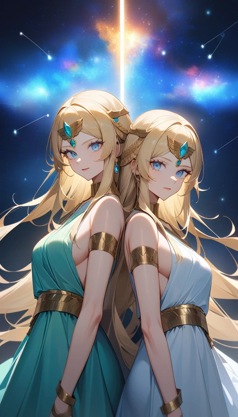 (Huang Li、high quality、Extremely detailed),Constellation - Gemini Goddess,A pair of sisters,Two goddesses back to back,Similar to Latin goodness,brave,capricious,Productivity,The face of enterprising and humanitarianism,Blonde Hair,Ancient Greek costumes、Wrap Dress,The background is a nebula,Light crystal blue eyes(Eyes Details),Powerful appearance