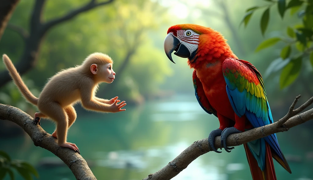 "Monkey, come quickly! There’s something amazing happening by the river!" Parrot called.