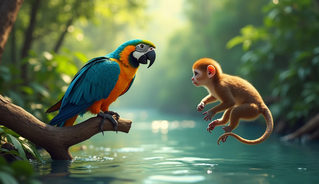 "Monkey, come quickly! There’s something amazing happening by the river!" Parrot called.