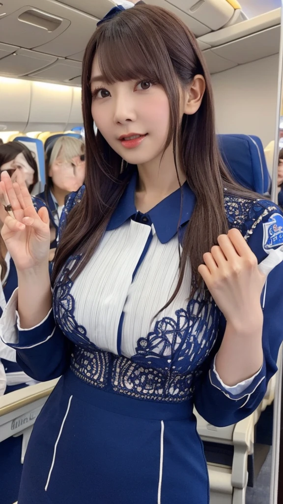 8k, Highest quality, Intricate detaileds, 超detailed, Ultra-high resolution, masterpiece, 1 female, , 40 years, obstinacy , (Delicate face), detailedな唇, (Airline stewardesses:1.3), detaileded chest, (Huge breasts), detailed, Perfect body, Cowboy Shooting, background: (Inside the plane)