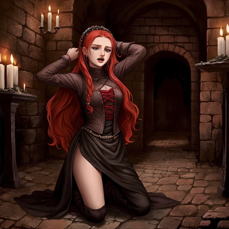 Undead Sansa Stark on her knees, forced oral sex, (oral rape:1.3), Sexual violence, hand on her head, holds her by the hair, (traces of beatings on her body:1.2), torn clothes, Sexual slavery, hellish torment, demon pissing on her face