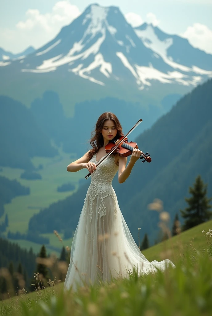 Photo shoot of a beautiful woman playing the violin on a green hill and a beautiful mountain view