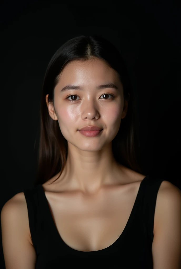 photo brute, visage de face ,closed mouth ,portrait photo d&#39;a beautiful 26 year old.oh woman, visage mignon neutre , wearing a black dress, happy face, harsh shadows, Cinematographic shooting, bright lighting 