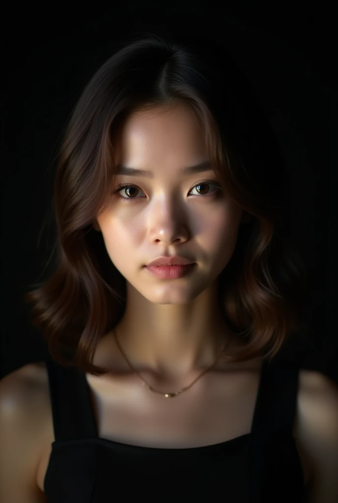 photo brute, visage de face ,closed mouth ,portrait photo d'a beautiful 26 year old.oh woman, visage mignon neutre , wearing a black dress, happy face, harsh shadows, Cinematographic shooting, bright lighting