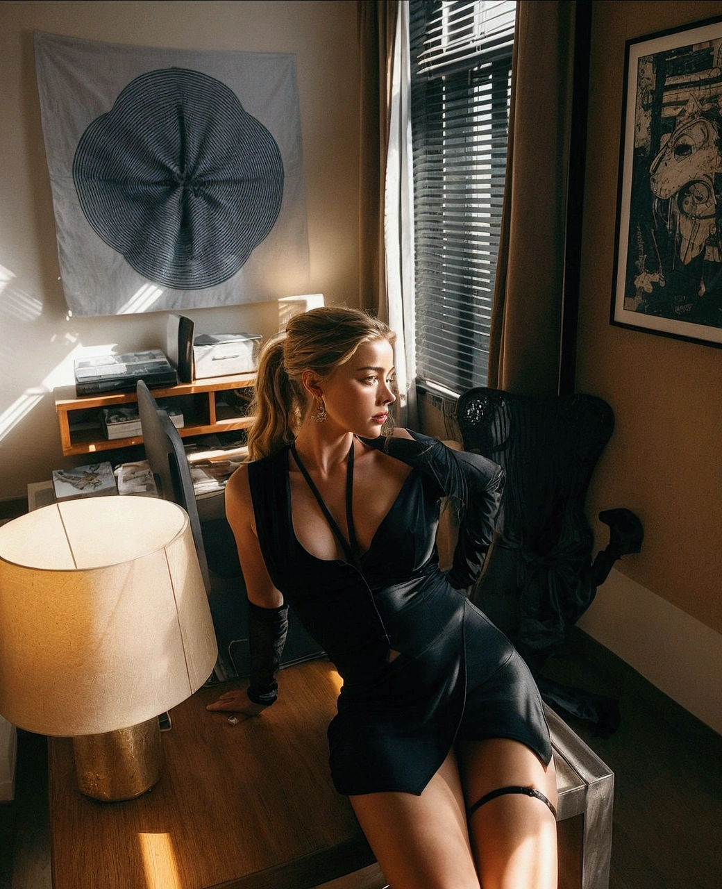A woman is sitting on a chair in the room, sitting in his room, seductive lady, Amber Heard squatting on bed, against the backdrop of natural light, dominant pose, Leaning against the window, perfectly balanced, wear a tight black dress, morning glow, near the window, next to the big window, sexy dominant pose, posing in the bedroom