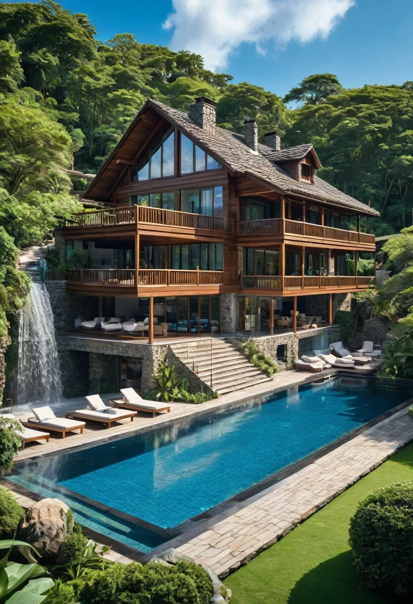 The image shows a large wooden house with a large swimming pool in front of it. The house is surrounded by trees and greenery, and there is a waterfall cascading down the side of the pool. The pool is filled with crystal clear blue water and there are several lounge chairs and umbrellas scattered around the area. The exterior of the house is made of wood and has multiple levels with large windows and balconies. There is a stone chimney on the right side and a stone wall on the left side. The sky is blue and the overall atmosphere of the image is peaceful and serene.4k realistic