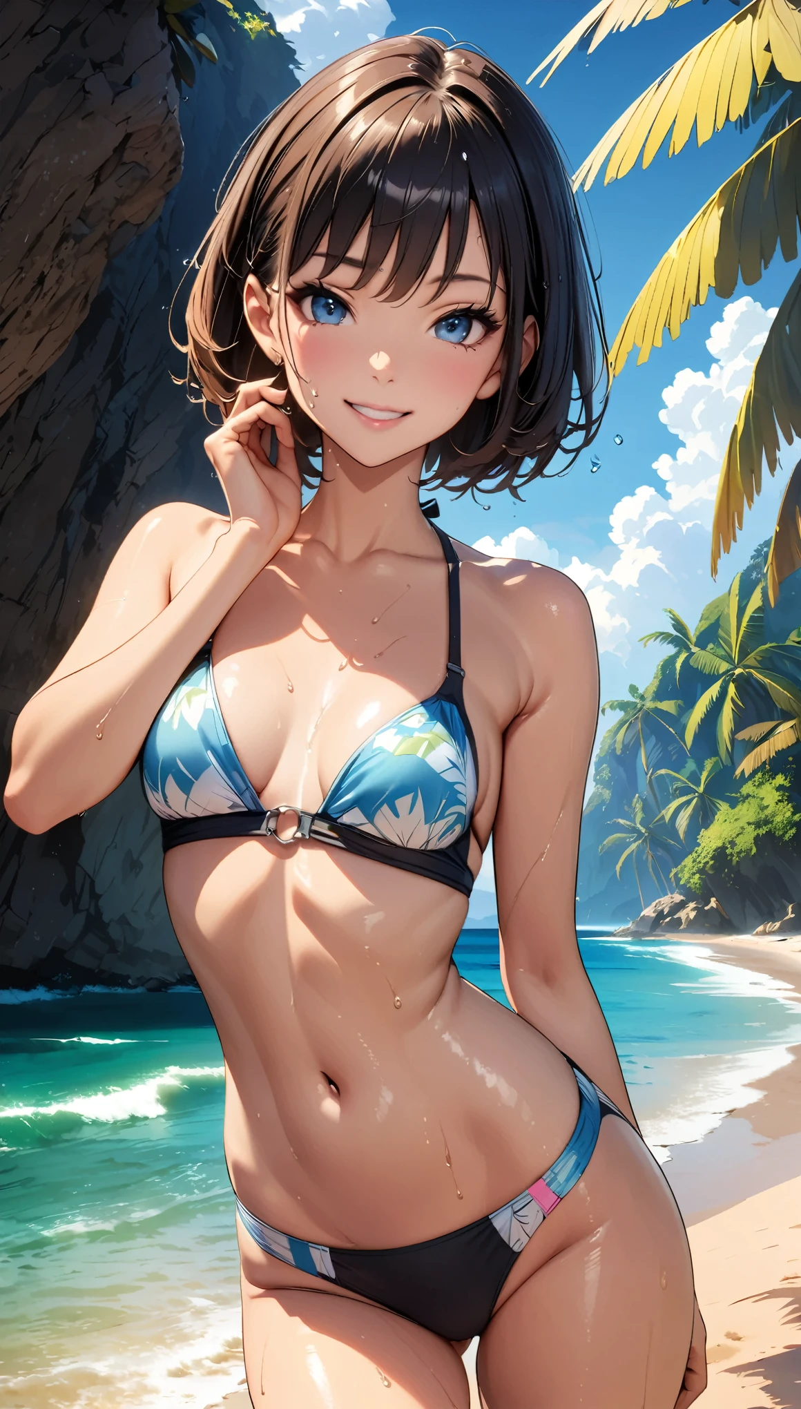 ((Highest quality, masterpiece, High resolution))、Beautiful Japanese Women、((Anime Art))、 ((2 women))、18-year-old、(We are both good friends)、(They touch cheeks)、 (Detailed depiction of a beautiful face)、Smiling Kindly、Realistic Face、 Small breasts、Slim figure、Medium Short Hair、semi-long、Hair Bun、Wet see-through bikini、Bikini Swimwear、One piece swimsuit、The waist is wrapped in fabric with bold ethnic patterns and plenty of primary colors..。.、Realistic Skin、Wet、whole body、(Beautiful tropical beach landscape photography)、Cinematic Light、tropical、(Flowers on the Beach)、Against the background of palm trees、On the sunny beach、With the sea in the background、Squall、rainbow、Blur the background