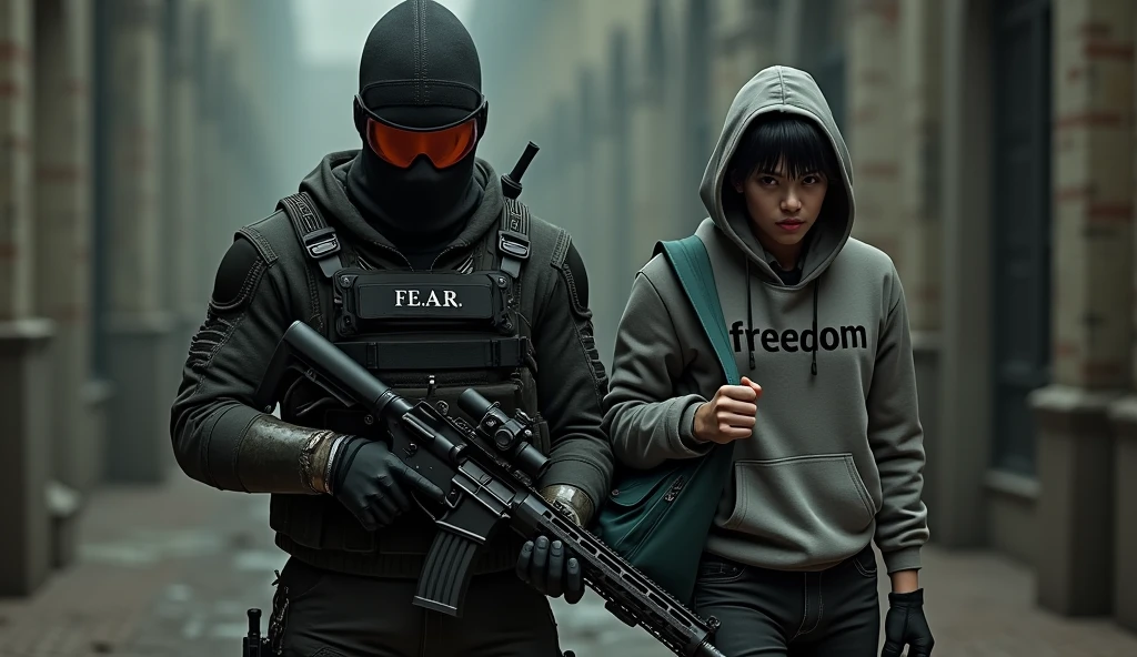 tall F.E.A.R. operative wearing black tactical balaclava and red googles holding assault rifle and standing with a guy holding a pistol and wearing a hood with black shaggy hair, and brown eyes. His attire typically consists of a grey hoodie that features the word “freedom” written on the back, along with black fingerless gloves, black jeans, and black shoes. He also carries a navy green satchel bag. The background is creepy