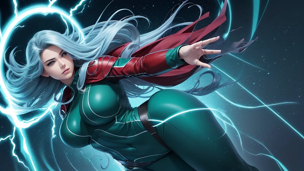 cinematographic, ultimate picture quality (4K), The most beautiful woman The most beautiful, pretty face, perfect cute face, happy expression, Marvel-style heroine , hair blue, hermoso hair blue, longye hair, beautiful figure, perfectbody, Curvy Body, ((Outfit colors dark green white red)), Suit adjusted to curvilinear body, sexy outfit, Perfect hands very well detailed, action pose (Energy in your hands: 1.7), silver moon background, Perfect cinematic lighting, add effect at the end