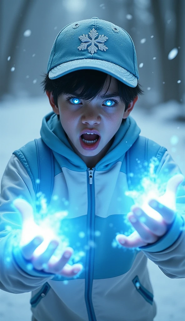 a young real  . 17 Malaysiandonesia.(Blue eyes) Glowing eyes. Anger face. Open mouth. . wearing an (white light blue ) zip-up shirt, (white light blue ) cap with small light blue (snowflake) logo. Enger face . Dramatic. White hoodie., detailed face, cinematic lighting, dramatic atmosphere,. Winter day. vibrant colors, 8k, high quality, photorealistic. Hero suit. Ice come from his hand. wear two big gaunlet made from ice . Glowing hand lightblue .white light blue , snow logo design . Very strong. Future design dress. Very epic. Very cool background.. dark sky. Very snow day. Wind very strong . Flying dry leave everywhere.. water frost sharp shape power from hand . Floating water everywhere. 