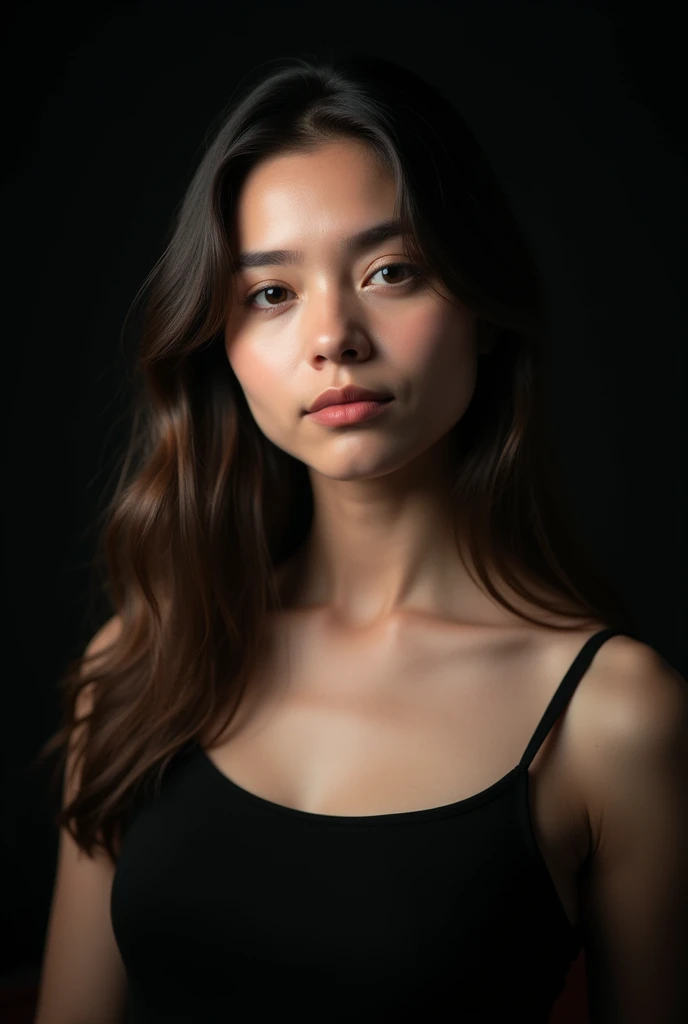 photo brute, visage de face ,closed mouth ,portrait photo d'a beautiful 26 year old.oh woman, visage mignon neutre , wearing a black dress, happy face, harsh shadows, Cinematographic shooting, bright lighting