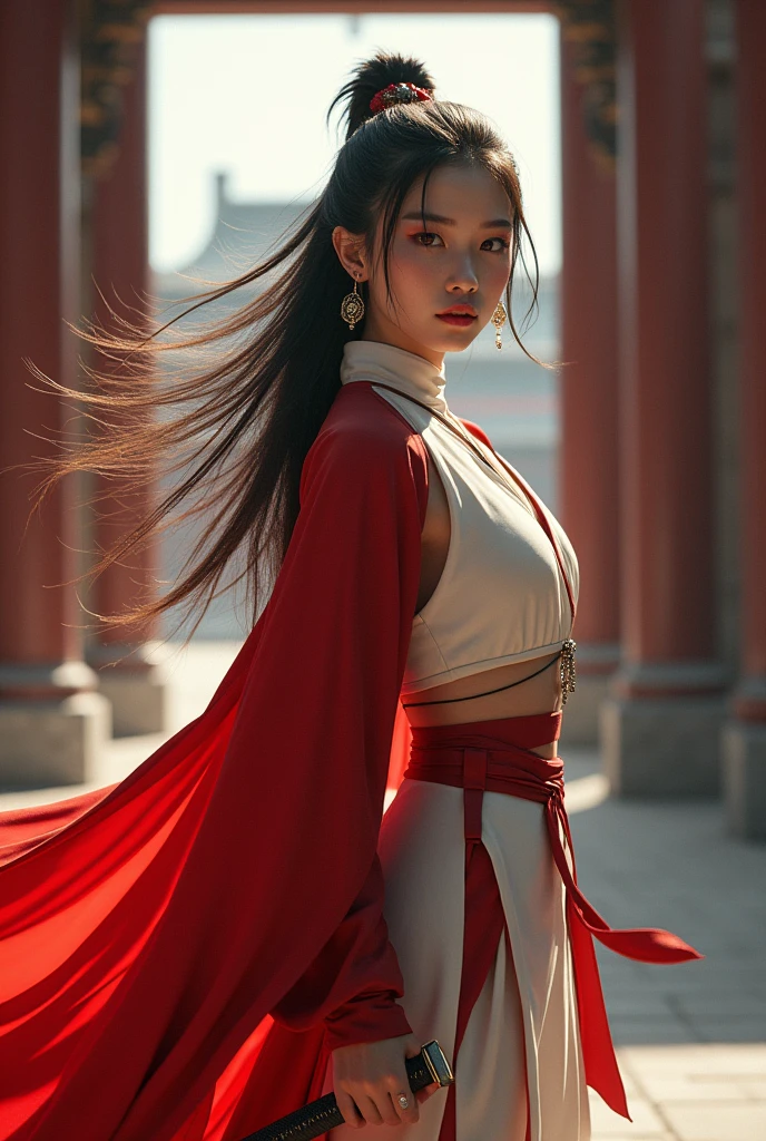 (masterpiece, best quality, beauty),uhd, china female kungfu, korean beauty like tae yon, her face and full body visible, shining red eyes,, windblown hair, wear white silk and red leather suit, wear red hoody, left hand holding china traditional sword, standing next to dragon pole inside gate of forbiden city china, best ratio body ,uhd. use the RenderMan renderer.digital art. High definition, high contrast, high color saturation,128k,cinematic lighting, intricate,cinematic lens, advertising photograph,ultra detail.dslr,Wallpaper size