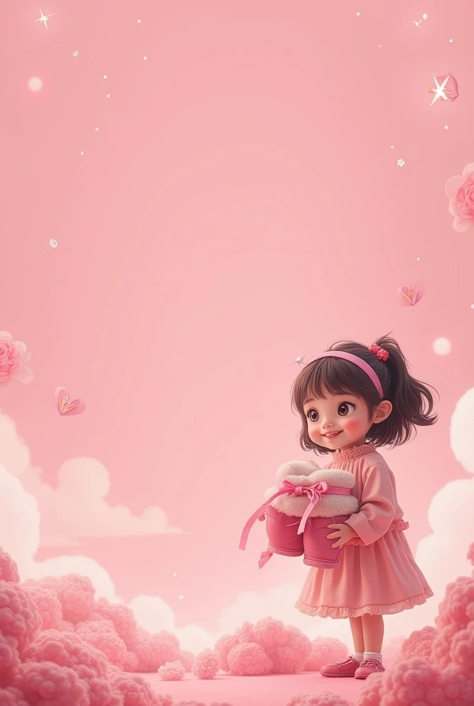 Generate picture for my story page featuring a girl Holding a BIG SHOES ( put the art at the bottom right part) ( i need a big space at the left part) (PINK THEME)