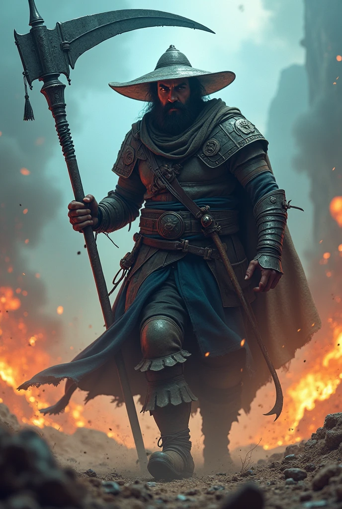 "Create a realistic and intense image of a warrior named FarmMasteR, depicted with a head that resembles the drawing provided, including the hat, facial features, and mustache. The warrior should be holding a large scythe, representing his farming background. The character should be dressed in traditional medieval desert armor, with a unique and fearsome presence. The background should depict a war-torn desert battlefield with a blue tone, filled with flames, smoke, and destruction to enhance the intense atmosphere. The lighting should be dramatic, emphasizing FarmMasteR's powerful and unique appearance. The name 'FarmMasteR' should be prominently displayed in bold, cinematic font, ensuring it is clearly visible and integrated into the design."