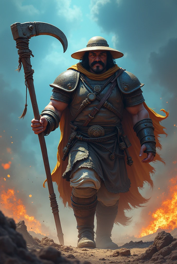"Create a realistic and intense image of a warrior named FarmMasteR, depicted with a head that resembles the drawing provided, including the hat, facial features, and mustache. The warrior should be holding a large scythe, representing his farming background. The character should be dressed in traditional medieval desert armor, with a unique and fearsome presence. The background should depict a war-torn desert battlefield with a blue tone, filled with flames, smoke, and destruction to enhance the intense atmosphere. The lighting should be dramatic, emphasizing FarmMasteR's powerful and unique appearance. The name 'FarmMasteR' should be prominently displayed in bold, cinematic font, ensuring it is clearly visible and integrated into the design."