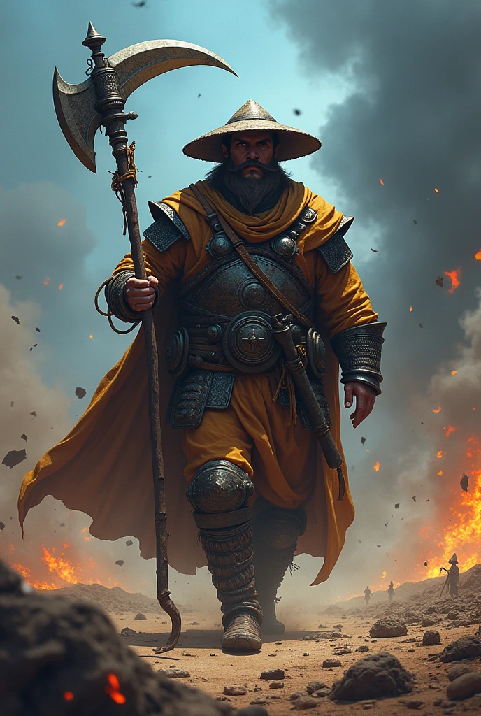 "Create a realistic and intense image of a warrior named FarmMasteR, depicted with a head that resembles the drawing provided, including the hat, facial features, and mustache. The warrior should be holding a large scythe, representing his farming background. The character should be dressed in traditional medieval desert armor, with a unique and fearsome presence. The background should depict a war-torn desert battlefield with a blue tone, filled with flames, smoke, and destruction to enhance the intense atmosphere. The lighting should be dramatic, emphasizing FarmMasteR's powerful and unique appearance. The name 'FarmMasteR' should be prominently displayed in bold, cinematic font, ensuring it is clearly visible and integrated into the design."