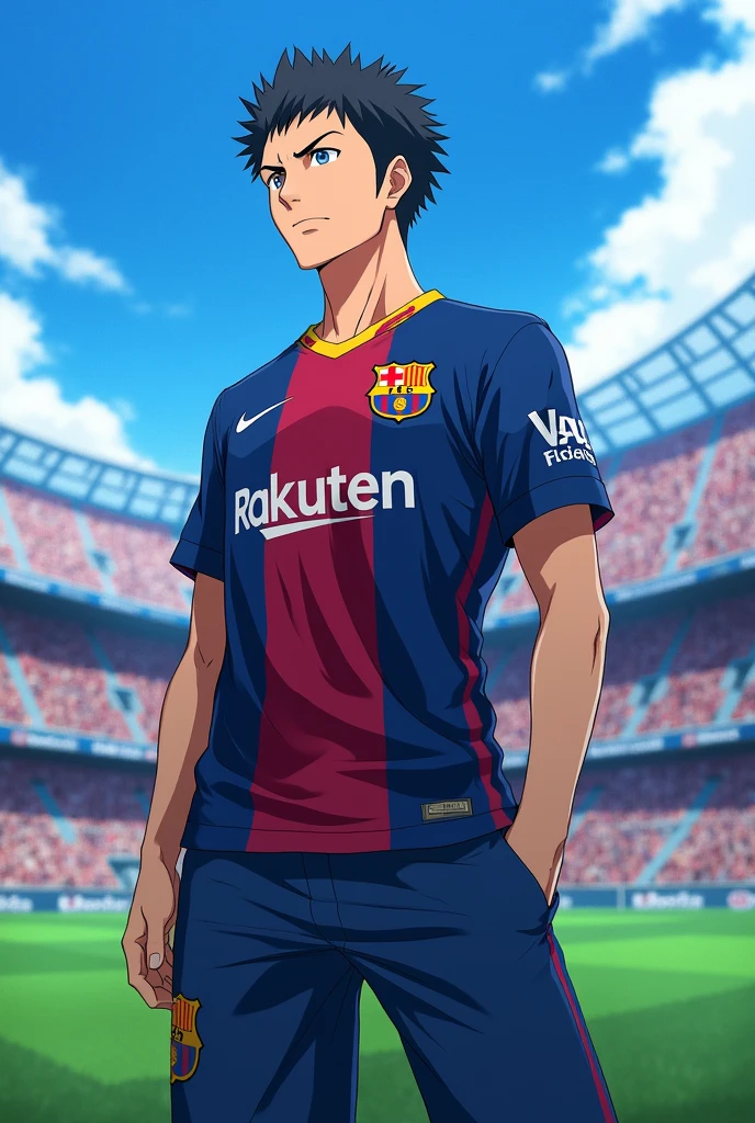Tomioka Giyu, a character from the anime Demon Slayer, stands tall in a Barcelona jersey at a stadium. The bright lighting and vibrant colors of the green grass and blue sky contrast perfectly with the red and blue of the jersey, creating a dynamic and energetic scene. Giyu looks confident and powerful, his spiky hair and piercing blue eyes adding to his commanding presence. The scene is full of life and energy, with Giyu's pose and expression conveying a sense of strength and determination.