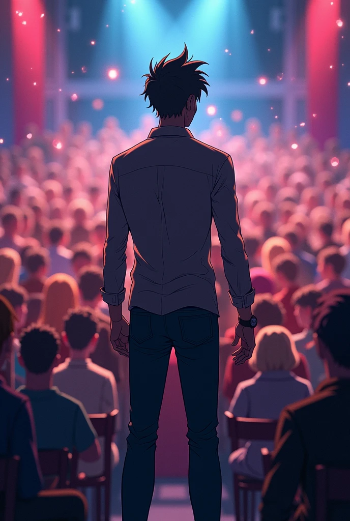 a anime man speaking in front of an audience with his back to the camera and facing the people