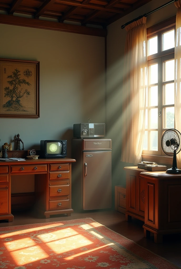 a photorealistic, ultra-detailed, high resolution 8k image of an old-fashioned bedroom with sunlight streaming in, an antique wooden desk with vintage items, an old-fashioned TV, radio, refrigerator, and fan, in a classic Chinese interior setting with a warm, nostalgic atmosphere
