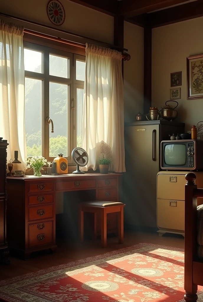 a photorealistic, ultra-detailed, high resolution 8k image of an old-fashioned bedroom with sunlight streaming in, an antique wooden desk with vintage items, an old-fashioned TV, radio, refrigerator, and fan, in a classic Chinese interior setting with a warm, nostalgic atmosphere