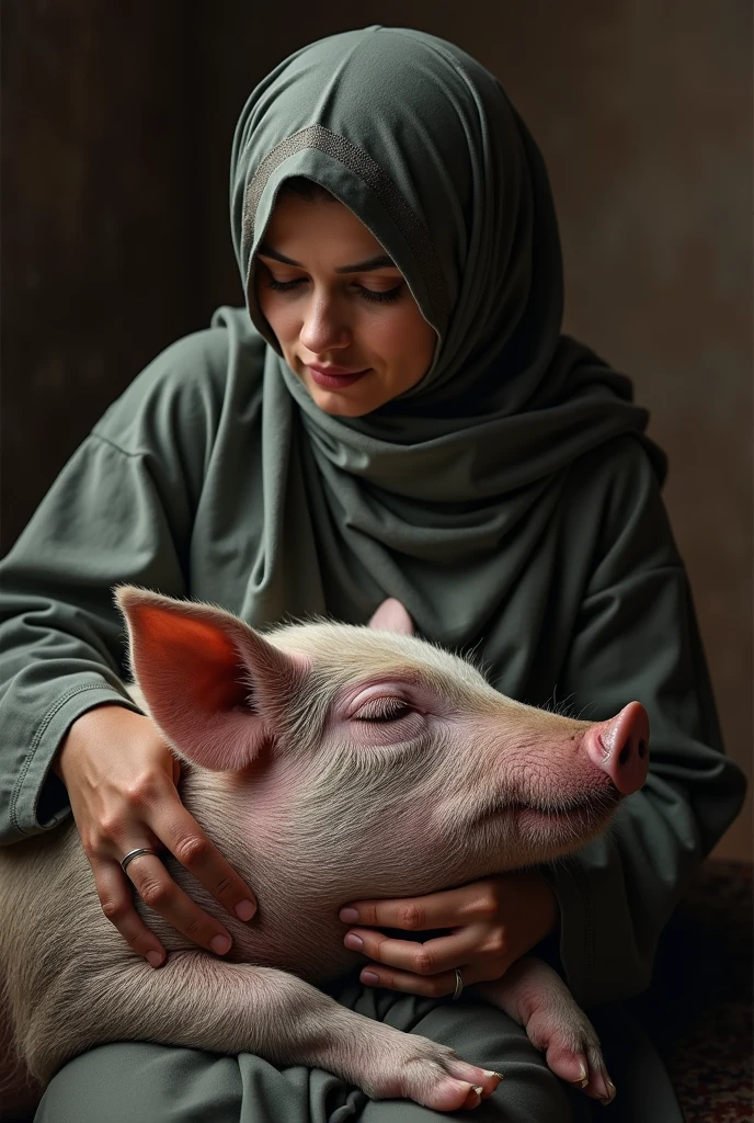 Muslim woman  sleeping with a pig