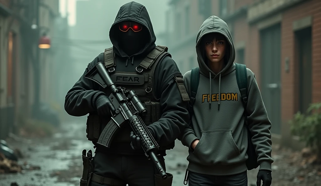 tall F.E.A.R. operative wearing black tactical balaclava and red googles holding assault rifle and standing with a guy holding a pistol and wearing a hood with black shaggy hair, and brown eyes. His attire typically consists of a grey hoodie that features the word “freedom” written on the back, along with black fingerless gloves, black jeans, and black shoes. He also carries a navy green satchel bag. The background is creepy