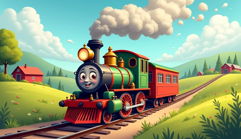 T is for Train, chugging along the bar:
"A classic steam cartoon train puffing smoke as it chugs along a scenic railway track, winding through rolling hills and countryside."