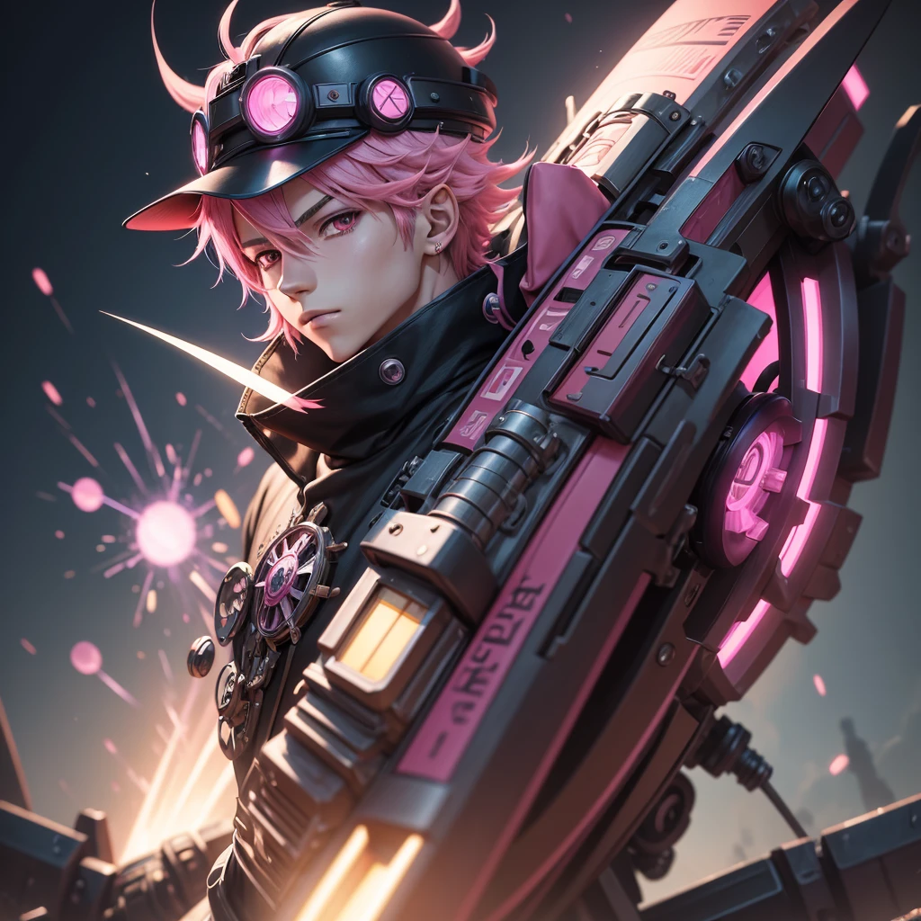 Anime boy with pink hair and a hat on his head, best anime 4k wallpaper, anime style 4k, official character art, anime art wallpaper 8k, mechanized witch boy, 8k high-quality detailed art, digital anime art, black magician boy, anime art wallpaper 4k, digital cyberpunk anime art