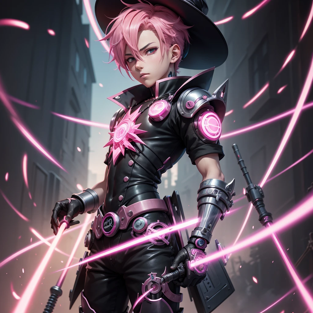 Anime boy with pink hair and a hat on his head, best anime 4k wallpaper, anime style 4k, official character art, anime art wallpaper 8k, mechanized witch boy, 8k high-quality detailed art, digital anime art, black magician boy, anime art wallpaper 4k, digital cyberpunk anime art