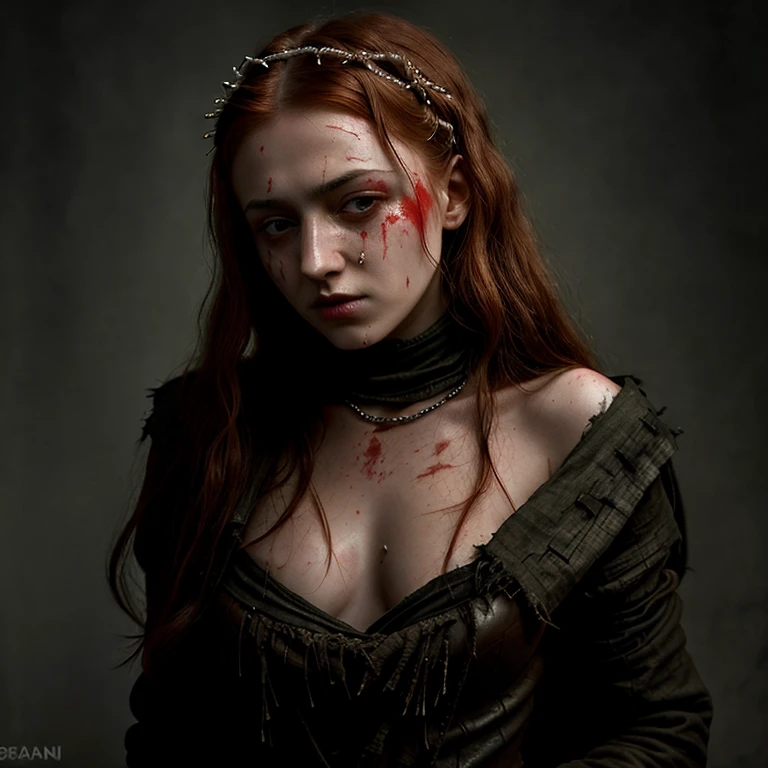 Undead Sansa Stark on her knees, forced oral sex, (oral rape:1.3), Sexual violence, hand on her head, holds her by the hair, (traces of beatings on her body:1.2), torn clothes, Sexual slavery, hellish torment, demon pissing on her face