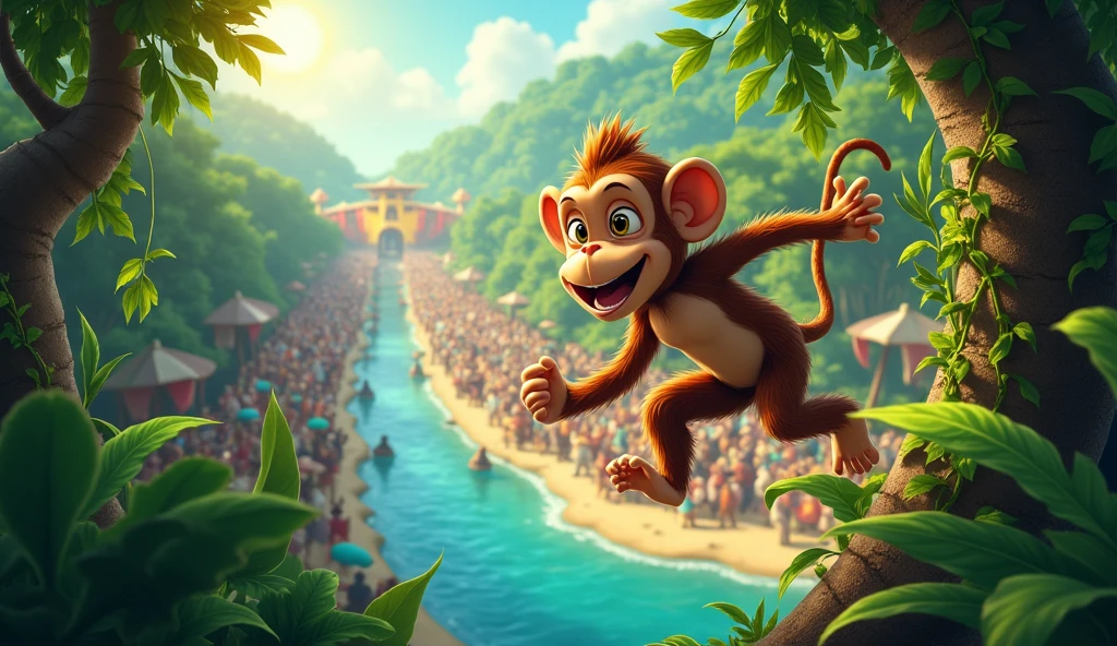 Monkey, always eager for an adventure, scampered up the trees and swung through the vines until he reached the riverbank. There, he saw a beautiful sight: a parade of animals from all over the jungle had gathered for the annual Jungle Festival.