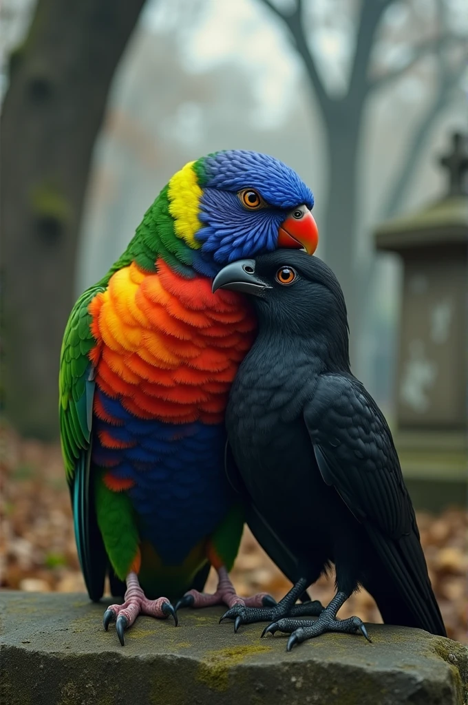 Multi-colored bird hugging a black bird in a cemetery