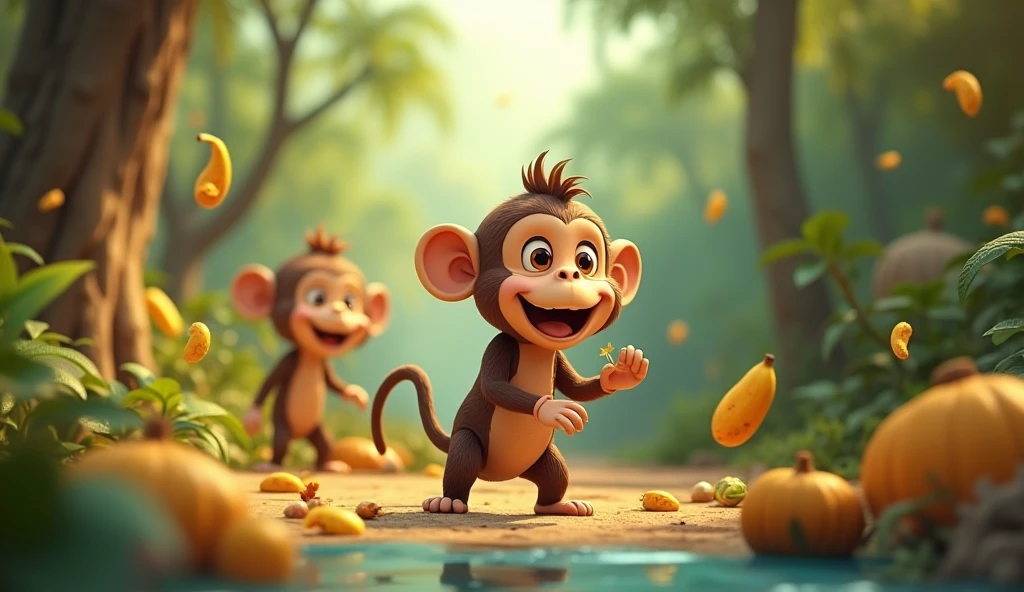 Create 3D cenametic cartoon animation of this prompt "Greedy monkey learns the value of friendship and sharing expression"