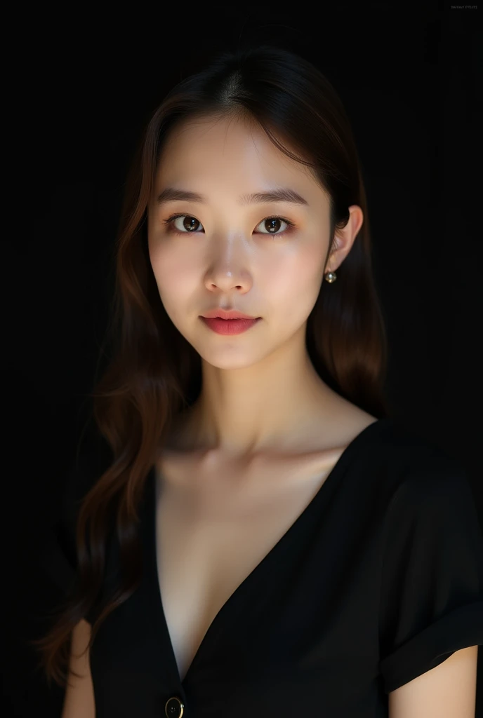 photo brute, visage de face ,closed mouth ,portrait photo d'a beautiful 26 year old.oh woman, visage mignon neutre , wearing a black dress, happy face, harsh shadows, Cinematographic shooting, bright lighting