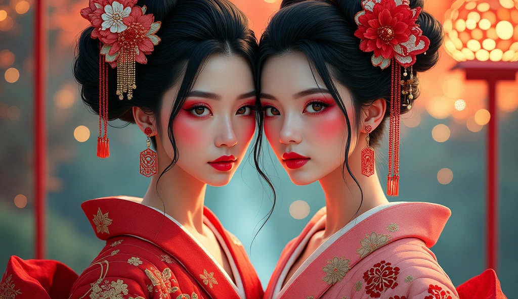 two asian women in kimonos pose for a picture, digital art inspired by Wang Duo, trending on cg society, digital art, glamorous and sexy geisha, geisha makeup, beauty geisha, geisha make up, geisha, cyberpunk geisha, organic seductive geisha, kabuki makeup, japanese geisha, portrait of a beautiful geisha