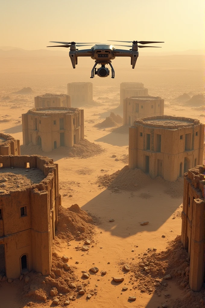 In a desert there lot of building is destroyed. There is a drone is surveying the place