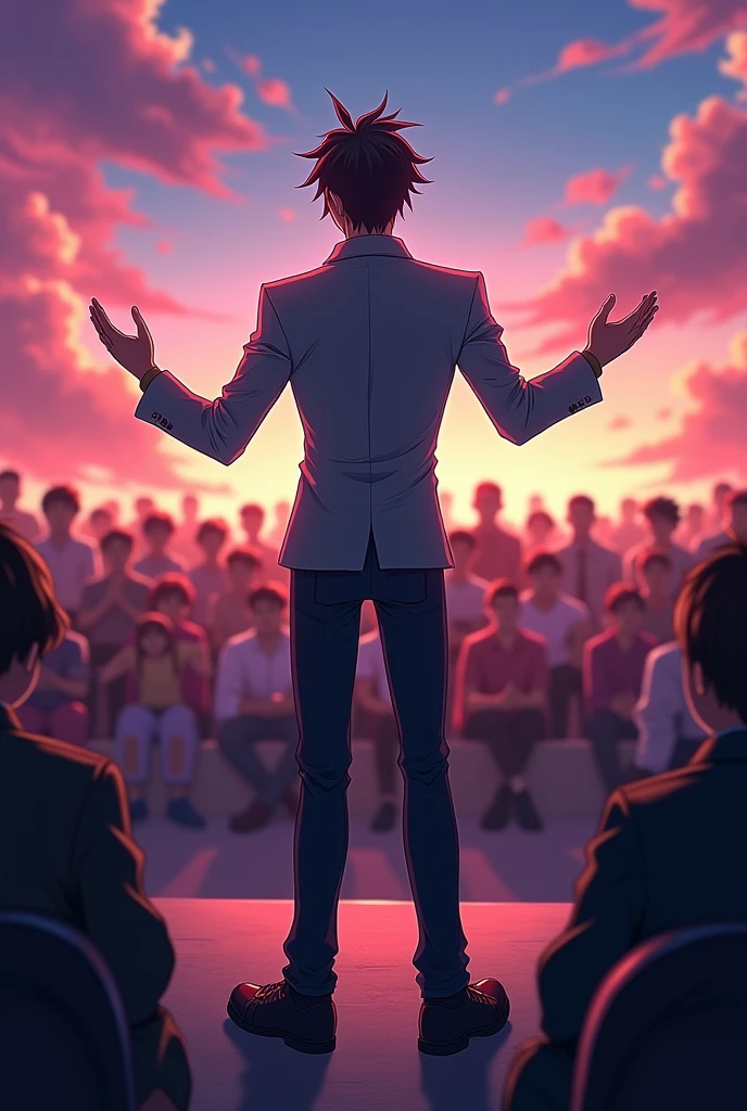 a anime man speaking in front of an audience with his back to the camera and facing the people
