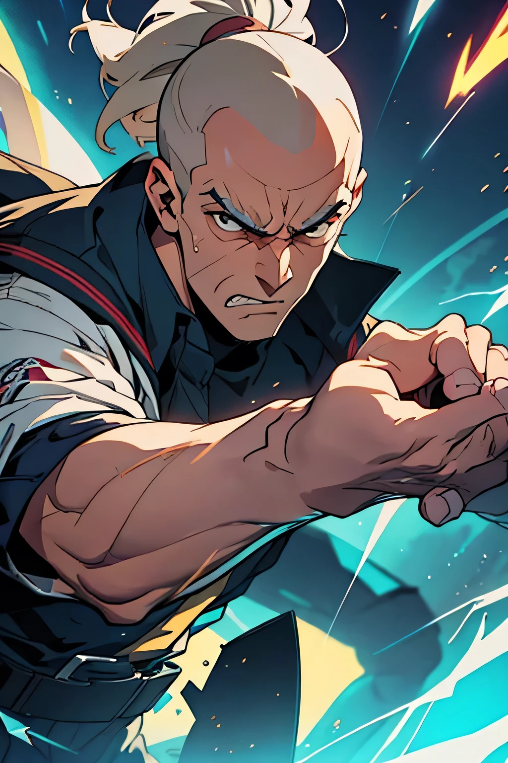 score up_9,score up_8,score up_7,source_anime,masterpiece,best quality,super fine illustration,super detailed, 8k,dynamic angle,perfect hands,perfect body,perfect face,BREAK a old general commernder,a shaved head,BREAK he folds his arms, with wrinkles between his brows. An aura of anger (emanating:1.5) rises from his body.BREAK commernder room,detailed background,retoro,lightning effect,