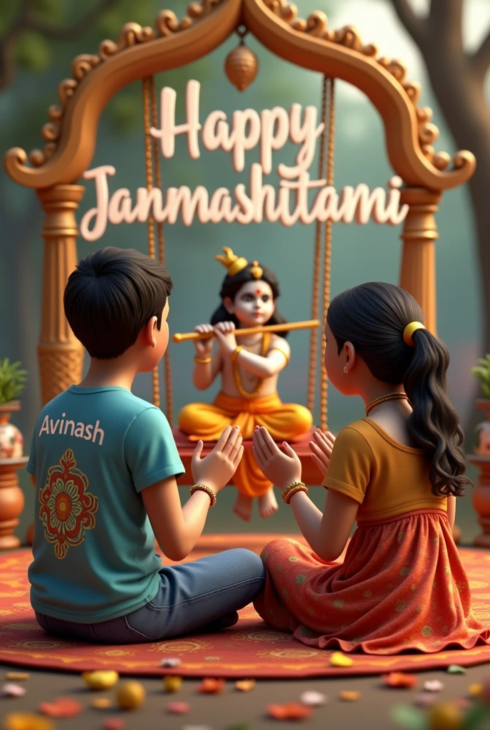 Please create image in which Happy Janmashtami Written on background with Illimunating lights and in front there is Swing on which  lord Krishna is sitting with girl named as Alekya written on her dress specifically both looking each other and sitting on Swing, flowers and night scene.