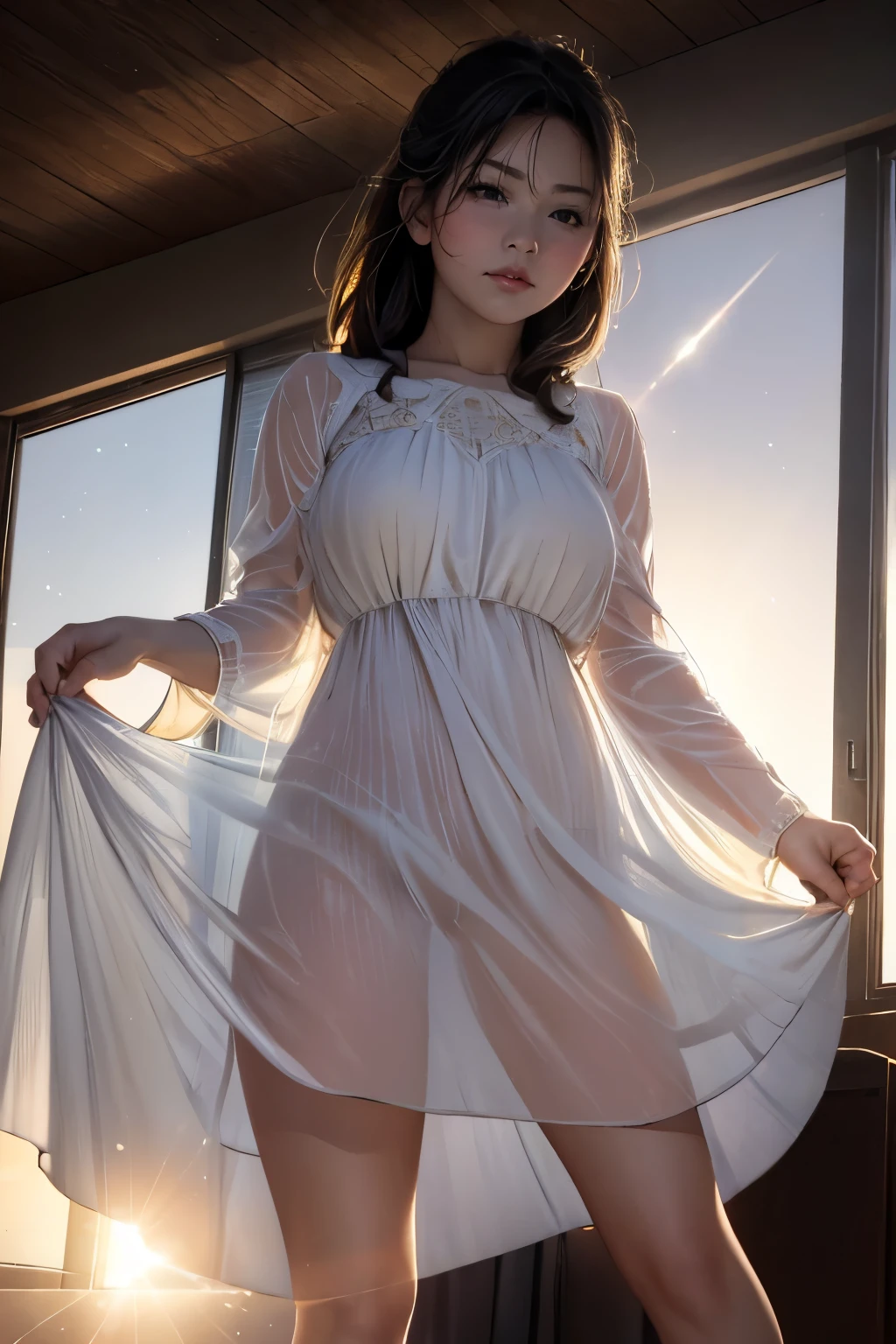 (a westerner woman), round face, doing a try on haul with (((see-through sunlight long casual dress))), spread legs, feet, angle from below, (standing in front of big window), (((backlit lens flare))), strong sunlight,